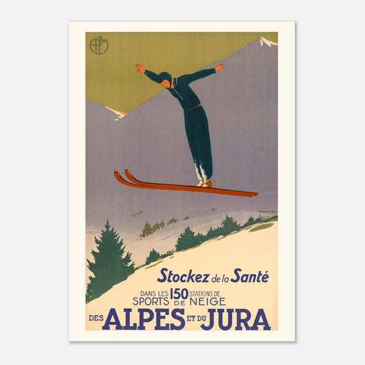 Sports de neige Alpes et Jura - Jean-Raoul Chaurand-Naurac - 1930 – Affiche vintage des stations de sports d’hiver (42x59,4 cm (A2)). Une affiche vintage promouvant les sports de neige dans les Alpes et le Jura, montrant un skieur effectuant un saut dans un paysage montagneux enneigé.