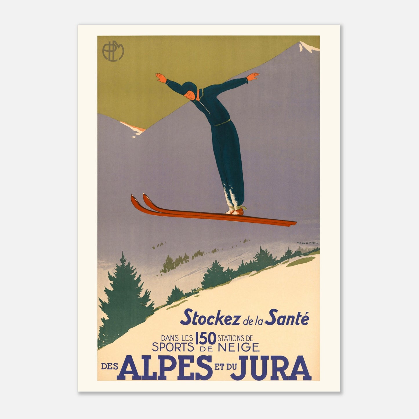 Sports de neige Alpes et Jura - Jean-Raoul Chaurand-Naurac - 1930 – Affiche vintage des stations de sports d’hiver (50x70 cm). Une affiche vintage promouvant les sports de neige dans les Alpes et le Jura, montrant un skieur effectuant un saut dans un paysage montagneux enneigé.