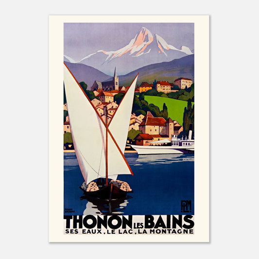 Affiche Thonon-les-Bains par Roger Broders (42x59,4 cm (A2)). Affiche touristique vintage "Thonon les Bains", montrant une vue du lac Léman avec un voilier et un bateau à vapeur, et la ville avec des montagnes en arrière-plan.