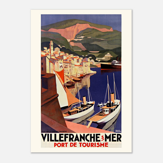 Planche ancienne "Villefranche-sur-Mer" par Roger Broders (A2 (42 x 59.4  cm)). Affiche publicitaire vintage "Villefranche-sur-Mer" par Roger Broders, représentant le port avec des voiliers et des bateaux de pêche, et la ville nichée au pied de collines.