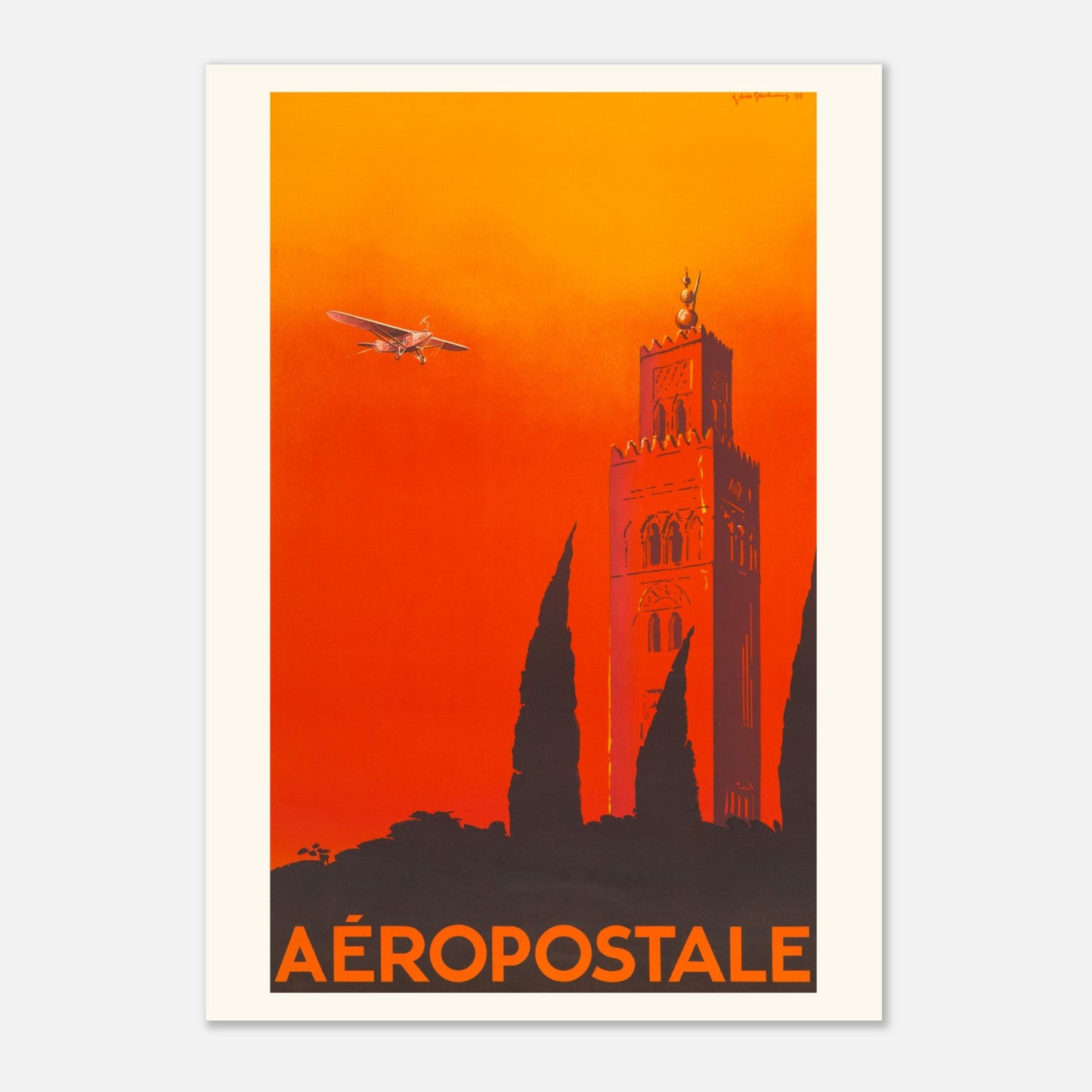 Affiche vintage Aéropostale par Jacques des Gachons (29,7x42 cm (A3)). Affiche publicitaire vintage de Jacques des Gachons pour l'Aéropostale, montrant un avion survolant un minaret au coucher du soleil.