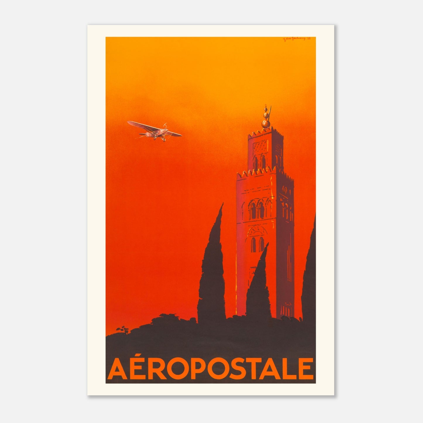 Affiche vintage Aéropostale par Jacques des Gachons (30x45 cm). Affiche publicitaire vintage de Jacques des Gachons pour l'Aéropostale, montrant un avion survolant un minaret au coucher du soleil.