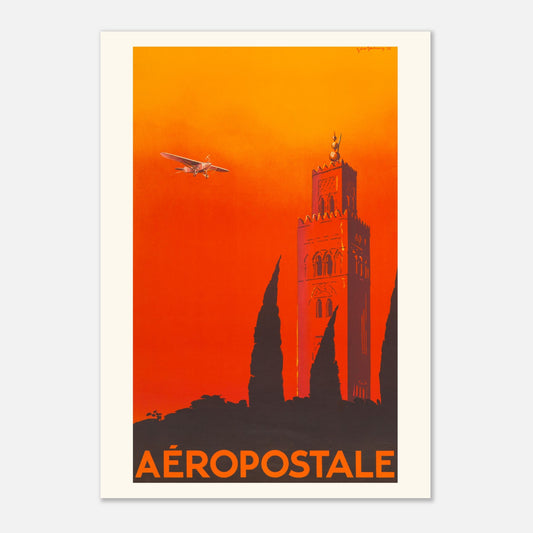 Affiche vintage Aéropostale par Jacques des Gachons (42x59,4 cm (A2)). Affiche publicitaire vintage de Jacques des Gachons pour l'Aéropostale, montrant un avion survolant un minaret au coucher du soleil.