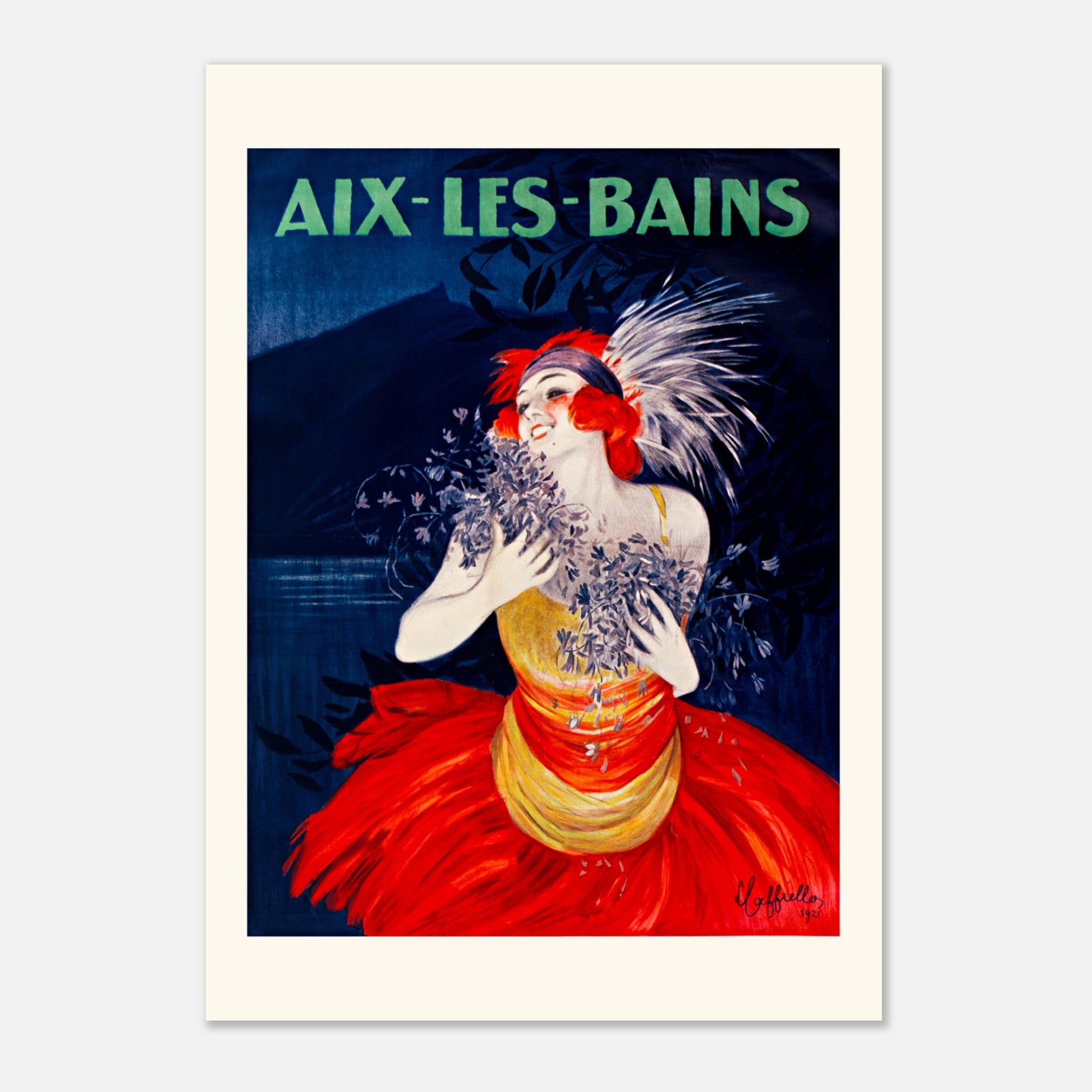 Affiche vintage Aix-les-Bains par Leonetto Cappiello (29,7x42 cm (A3)). Affiche publicitaire vintage pour Aix-les-Bains, montrant une femme coiffée de plumes tenant des fleurs, avec le nom de la station thermale en lettres vertes sur fond bleu.