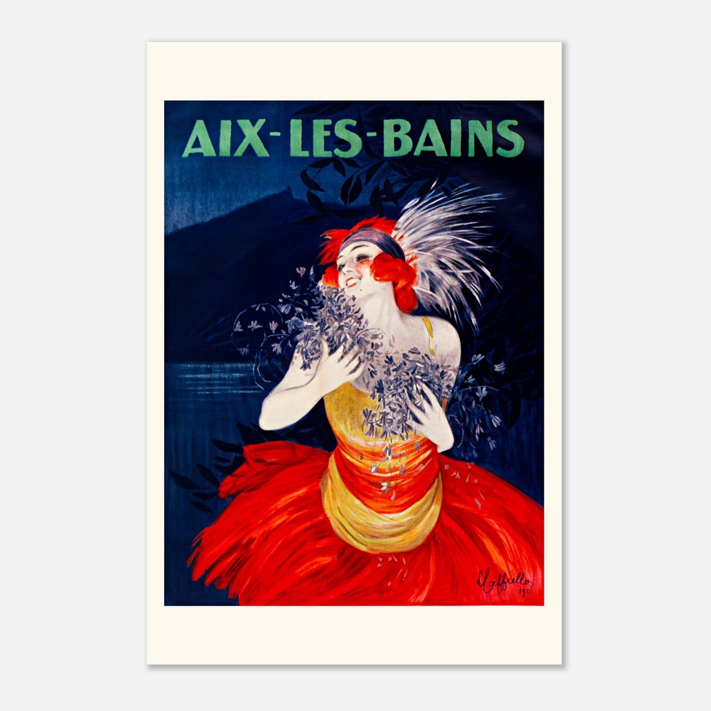 Affiche vintage Aix-les-Bains par Leonetto Cappiello (60x90 cm). Affiche publicitaire vintage pour Aix-les-Bains, montrant une femme coiffée de plumes tenant des fleurs, avec le nom de la station thermale en lettres vertes sur fond bleu.