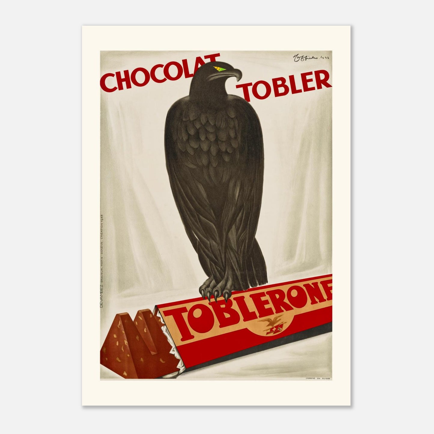 Affiche vintage "Chocolat Tobler Toblerone" par Leonetto Cappiello (1932) (A1 (59.4 x 84.1  cm)). Affiche vintage pour le chocolat Toblerone par Leonetto Cappiello (1932), représentant un aigle noir devant une barre de chocolat Toblerone.