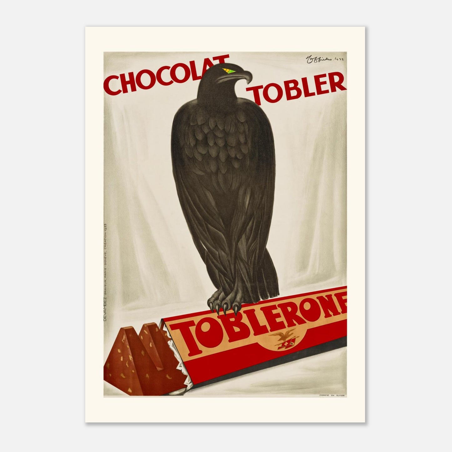 Affiche vintage "Chocolat Tobler Toblerone" par Leonetto Cappiello (1932) (A2 (42 x 59.4  cm)). Affiche vintage pour le chocolat Toblerone par Leonetto Cappiello (1932), représentant un aigle noir devant une barre de chocolat Toblerone.
