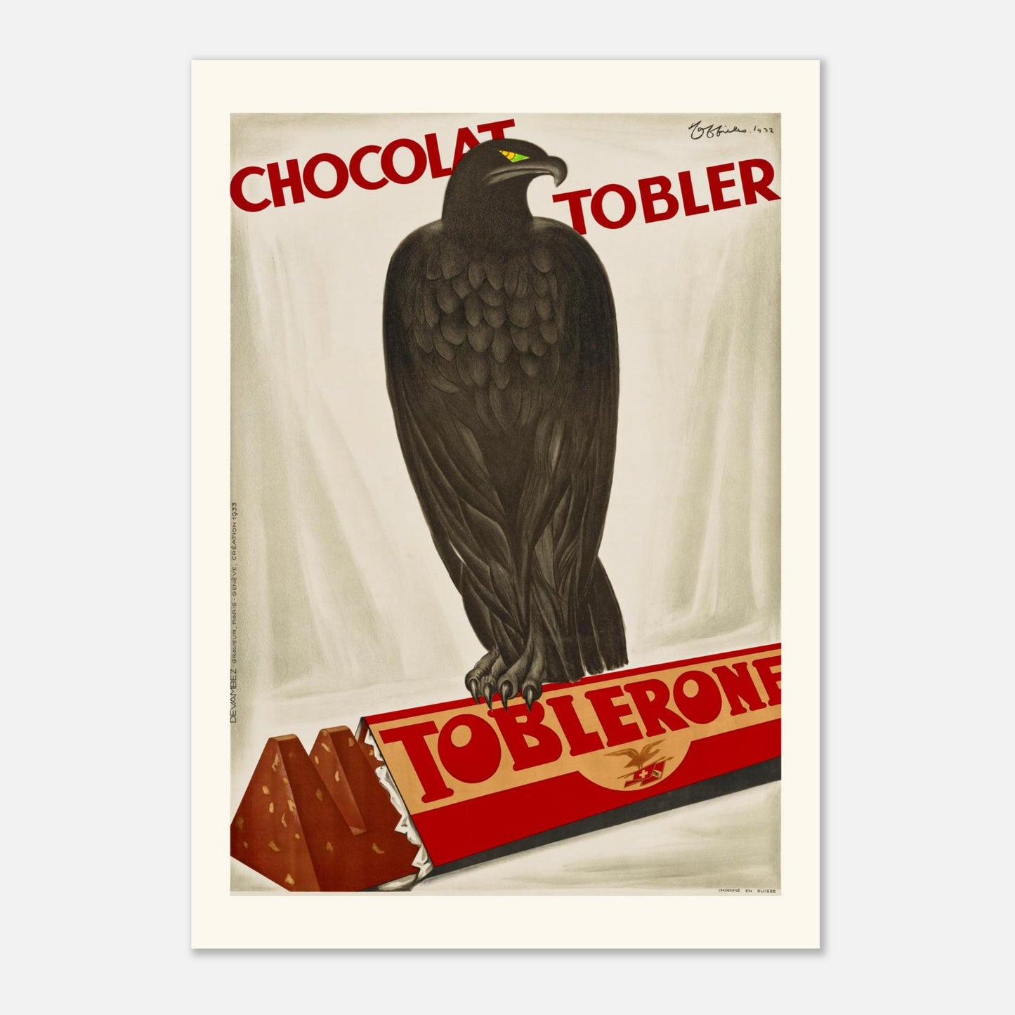 Affiche vintage "Chocolat Tobler Toblerone" par Leonetto Cappiello (1932) (A3 (29.7 x 42  cm)). Affiche vintage pour le chocolat Toblerone par Leonetto Cappiello (1932), représentant un aigle noir devant une barre de chocolat Toblerone.