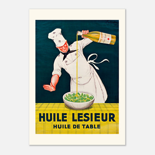 Affiche publicitaire rétro Huile Lesieur par Leonetto Cappiello (42x59,4 cm (A2)). Une affiche publicitaire rétro dépeint un chef versant de l'huile dans un bol de légumes, avec le texte "Huile Lesieur – Huile de table" en bas.