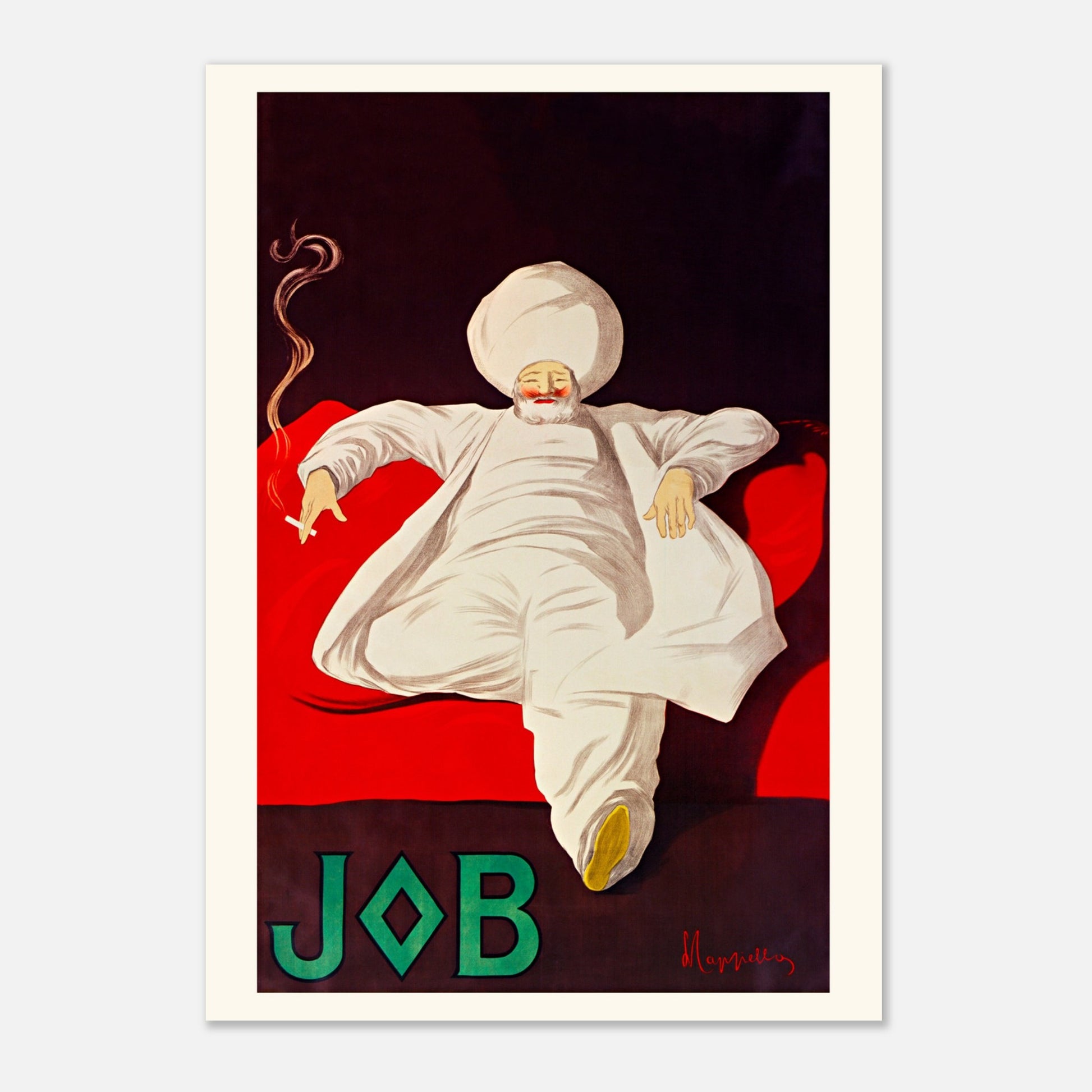 Affiche vintage Job par Leonetto Cappiello (29,7x42 cm (A3)). Affiche publicitaire vintage "Job" pour du tabac, montrant un homme en habit blanc, coiffé d'un turban, fumant une cigarette, allongé sur un divan rouge.