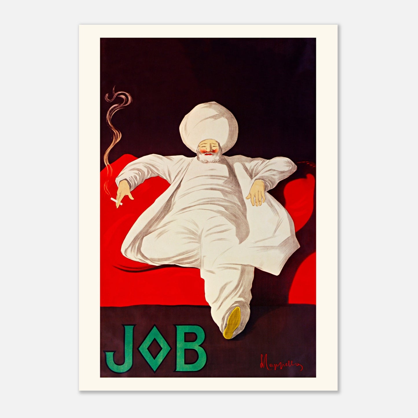 Affiche vintage Job par Leonetto Cappiello (59,4x84,1 cm (A1)). Affiche publicitaire vintage "Job" pour du tabac, montrant un homme en habit blanc, coiffé d'un turban, fumant une cigarette, allongé sur un divan rouge.