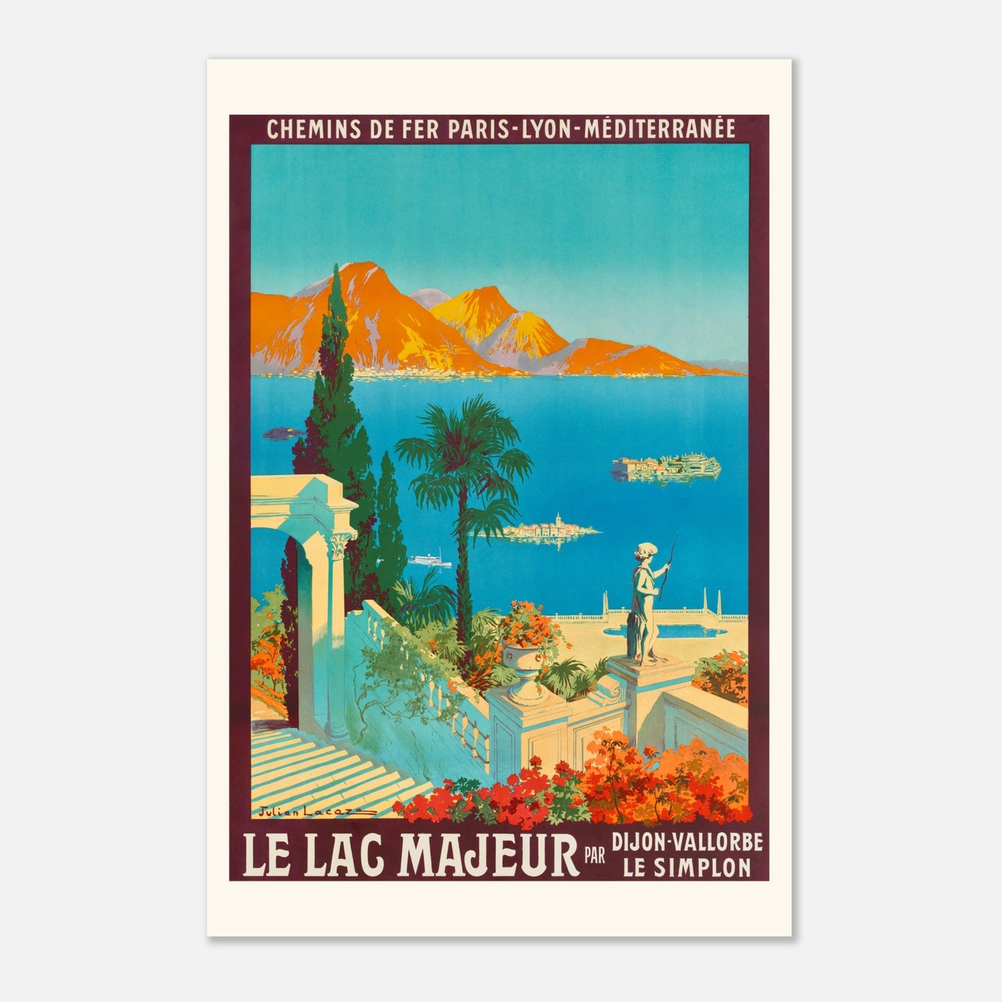 Lac Majeur - Le Simplon - Julien Lacaze - 1913 - Affiche vintage de voyage (30x45 cm). Une affiche de voyage vintage du Lac Majeur par le Simplon, datant de 1913, par Julien Lacaze, représentant une scène méditerranéenne avec des montagnes, un lac, une île et une villa.