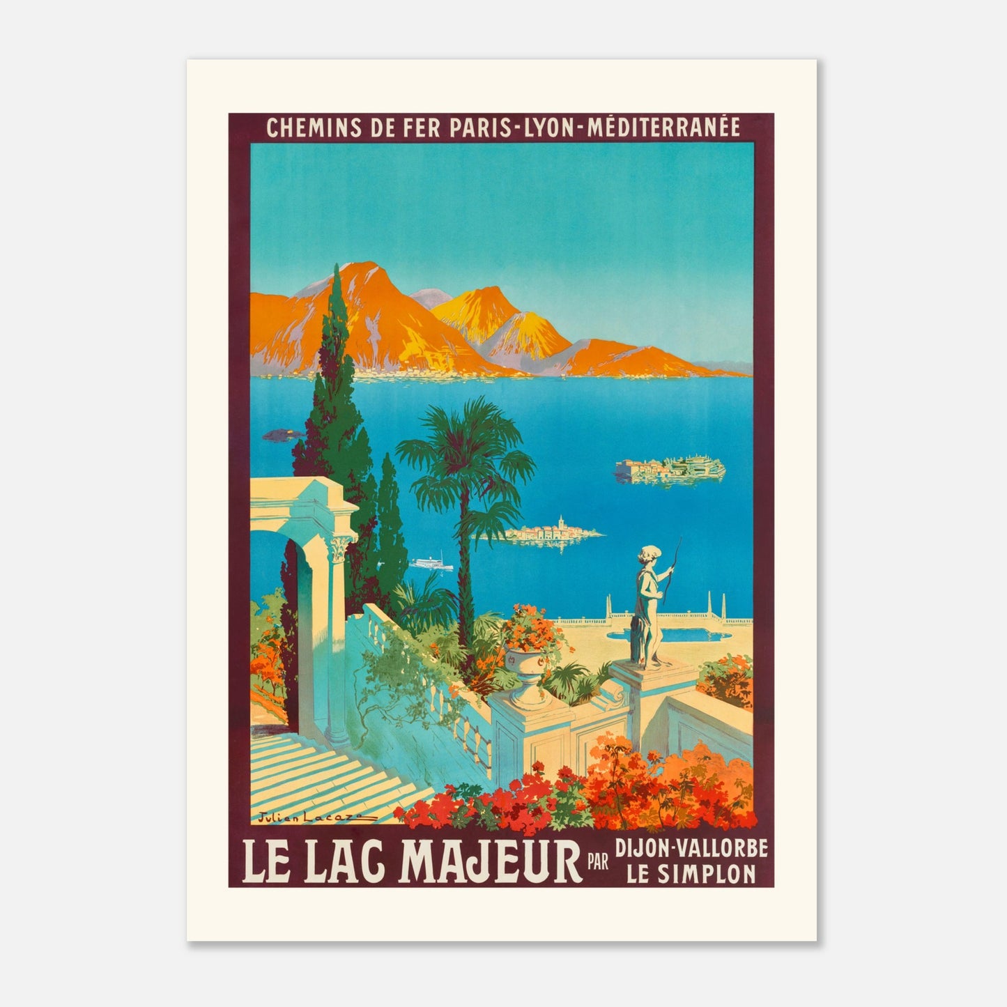 Lac Majeur - Le Simplon - Julien Lacaze - 1913 - Affiche vintage de voyage (50x70 cm). Une affiche de voyage vintage du Lac Majeur par le Simplon, datant de 1913, par Julien Lacaze, représentant une scène méditerranéenne avec des montagnes, un lac, une île et une villa.