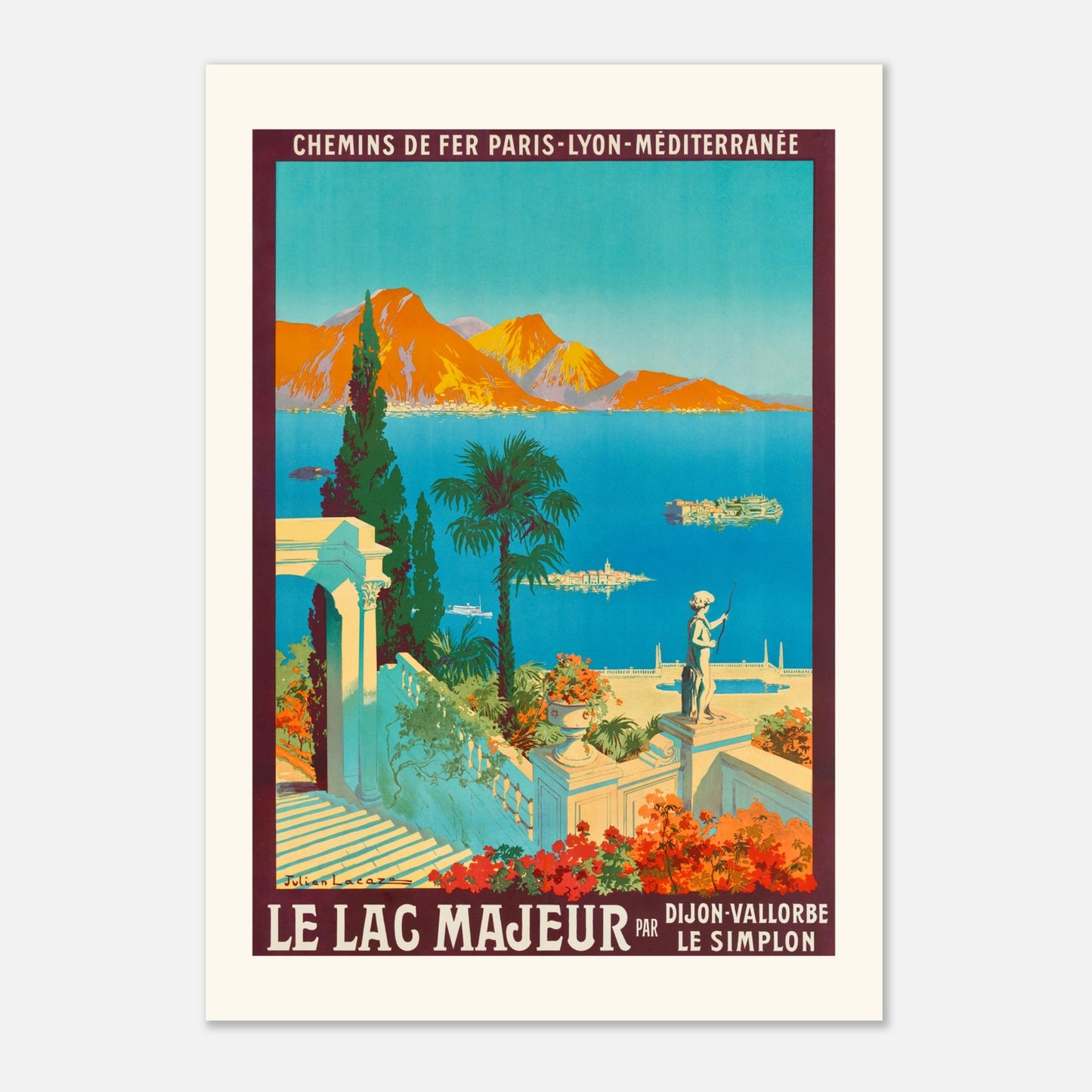 Lac Majeur - Le Simplon - Julien Lacaze - 1913 - Affiche vintage de voyage (84,1x118,9 cm (A0)). Une affiche de voyage vintage du Lac Majeur par le Simplon, datant de 1913, par Julien Lacaze, représentant une scène méditerranéenne avec des montagnes, un lac, une île et une villa.