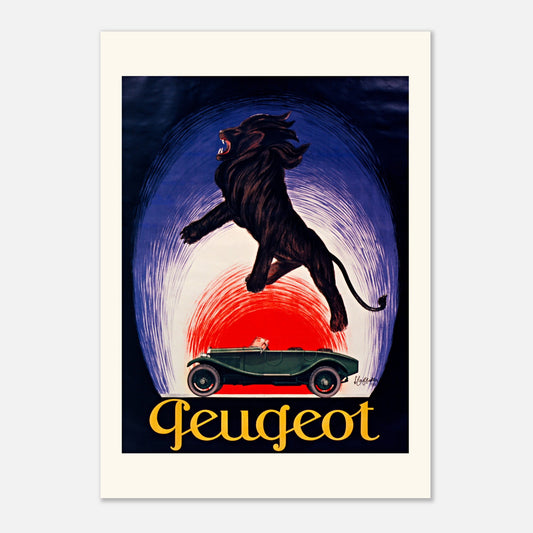 Peugeot – Affiche publicitaire par Leonetto Cappiello (1925) (42x59,4 cm (A2)). Affiche publicitaire vintage pour Peugeot, représentant un lion noir bondissant au-dessus d'une voiture de sport verte, sur un fond bleu et rouge.