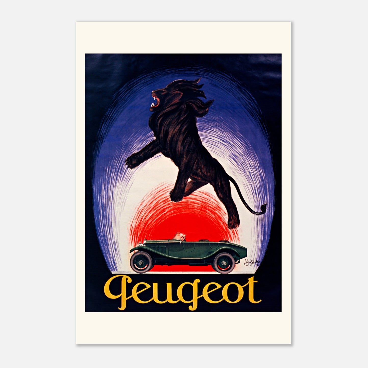 Peugeot – Affiche publicitaire par Leonetto Cappiello (1925) (60x90 cm). Affiche publicitaire vintage pour Peugeot, représentant un lion noir bondissant au-dessus d'une voiture de sport verte, sur un fond bleu et rouge.