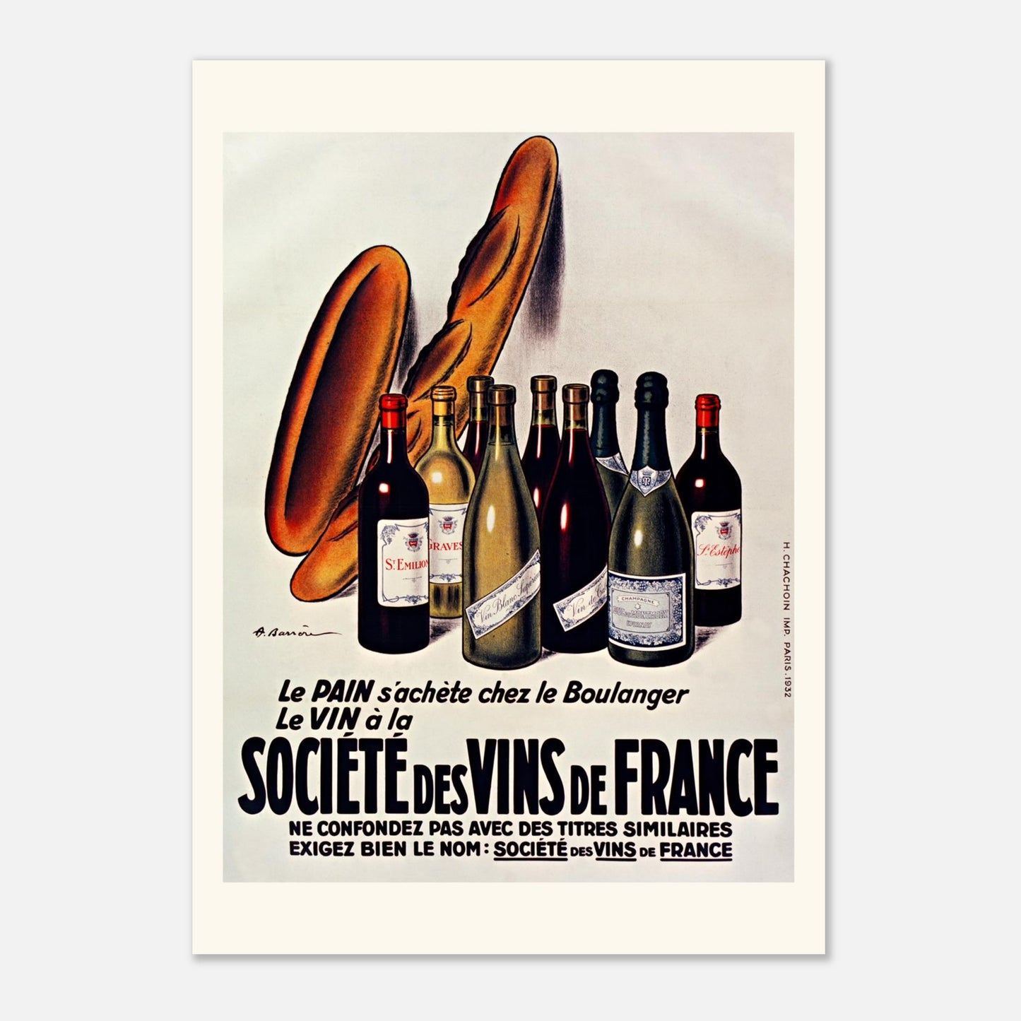 Affiche vintage "Société des Vins de France" par Adrien Barrère (1932) (A0 (84.1 x 118.9  cm)). Affiche publicitaire vintage pour la Société des Vins de France, présentant plusieurs bouteilles de vin et des baguettes de pain.