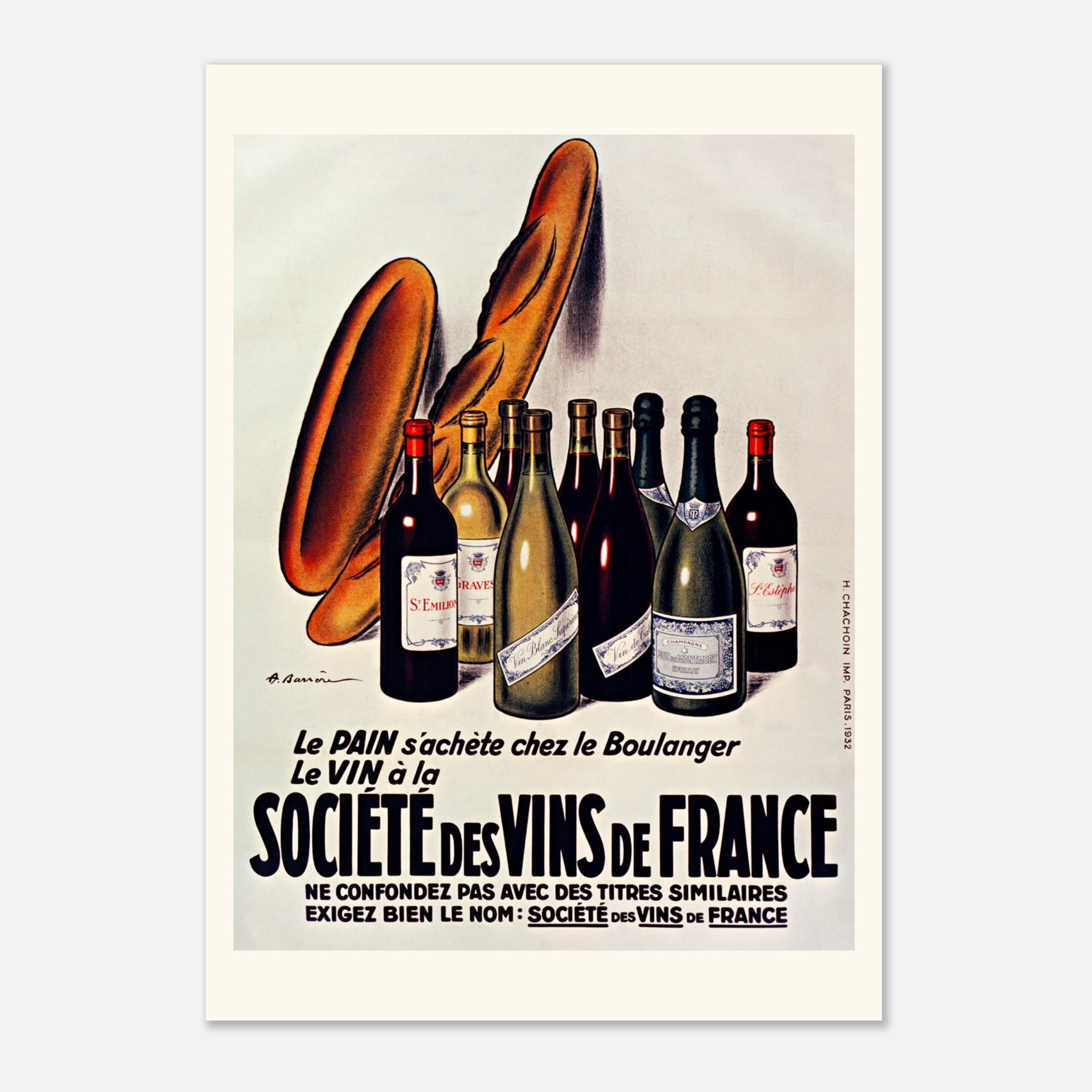 フランスワインラベルのポスター Vintage poster of the French Wine Society – Bread & Wine (1932