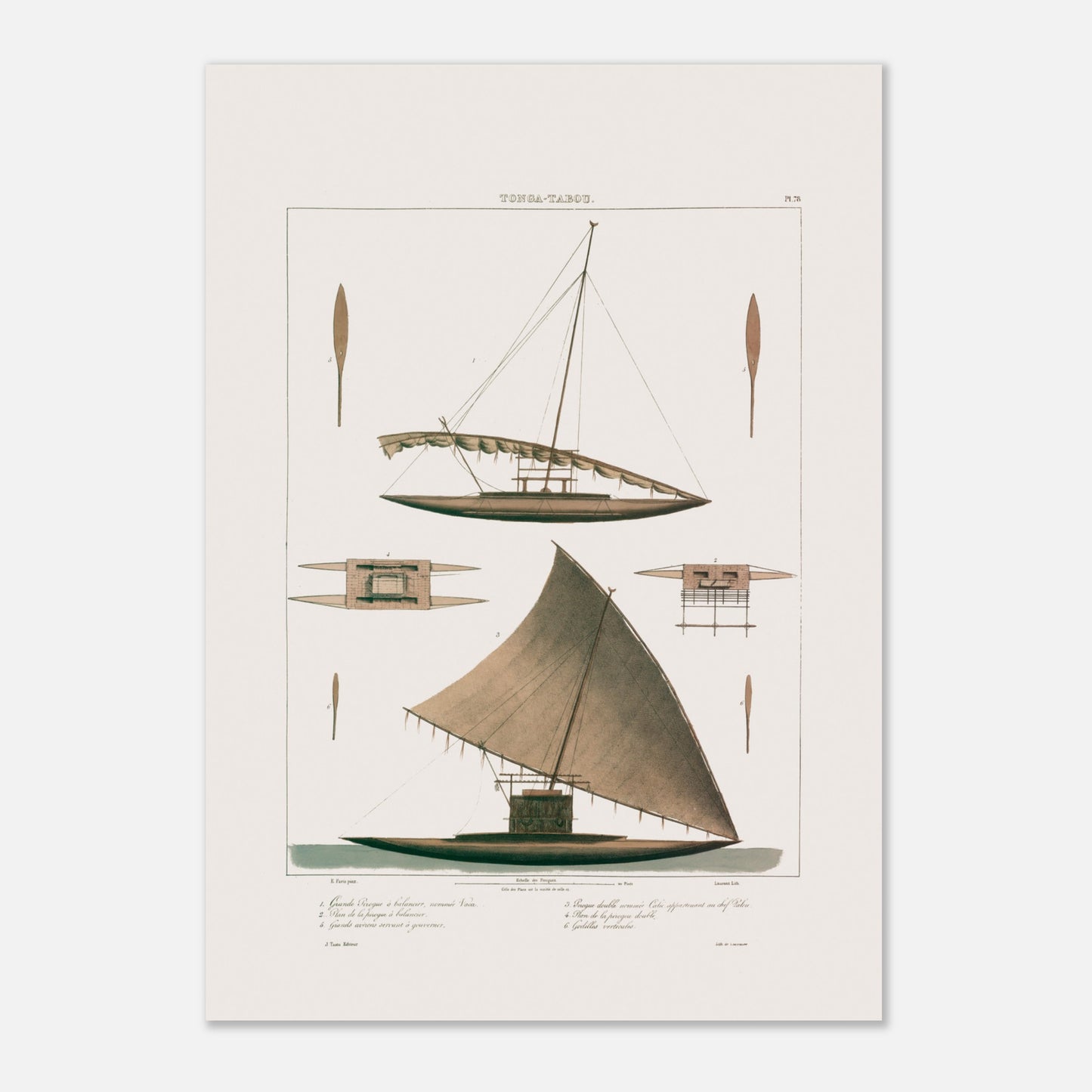 Planche de pirogues Calié et Vaca de Tonga Tabou, expédition Astrolabe (29,7x42 cm (A3)). Gravure représentant une pirogue double traditionnelle de Tonga Tabou, avec son système de balancier et ses gouvernails.