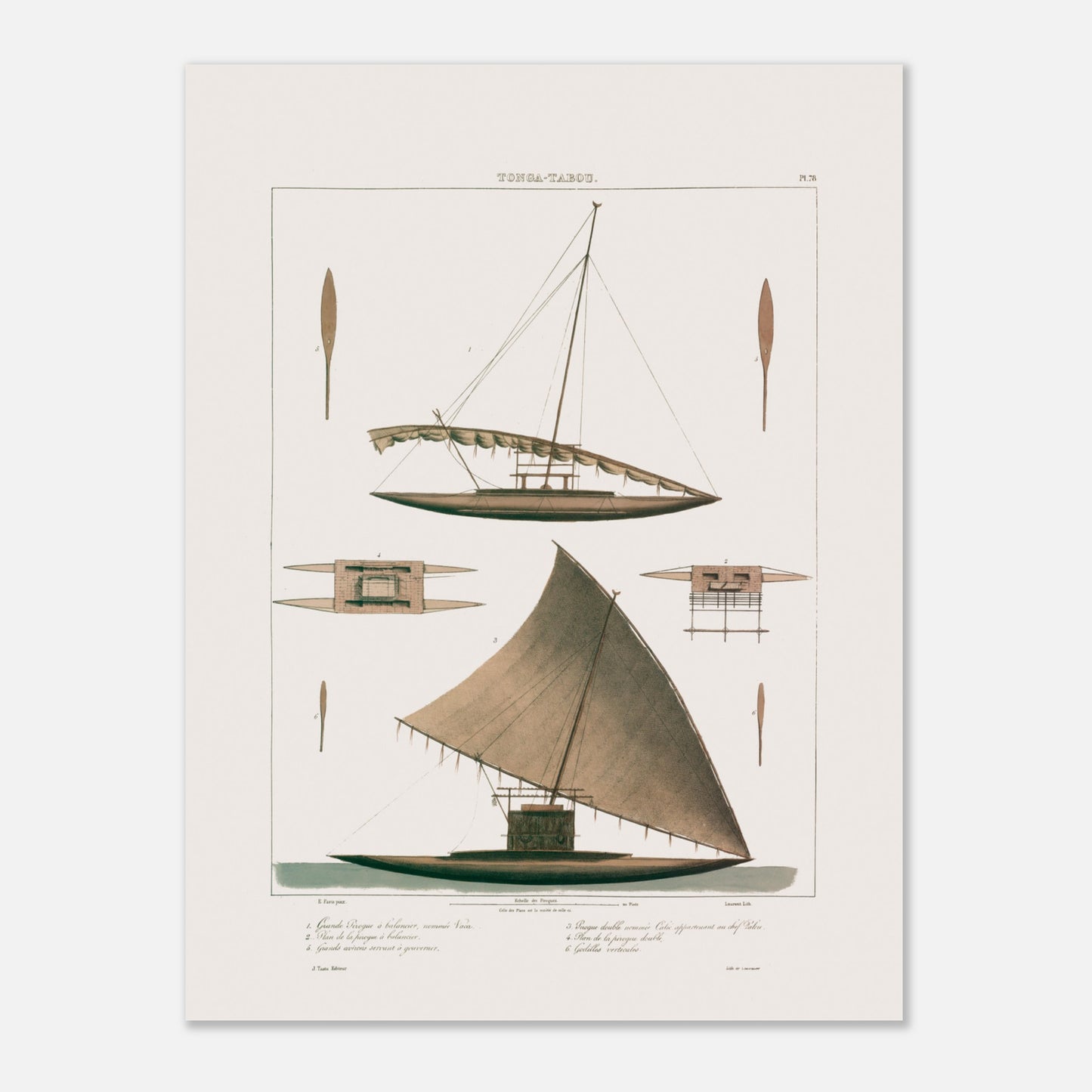 Planche de pirogues Calié et Vaca de Tonga Tabou, expédition Astrolabe (30x40 cm). Gravure représentant une pirogue double traditionnelle de Tonga Tabou, avec son système de balancier et ses gouvernails.