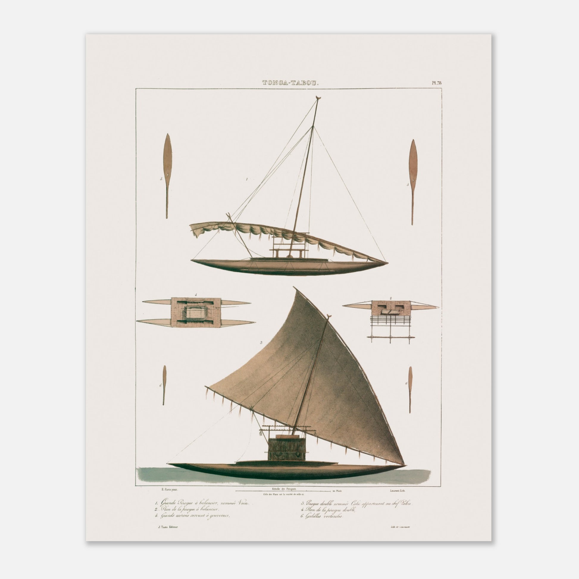 Planche de pirogues Calié et Vaca de Tonga Tabou, expédition Astrolabe (40x50 cm). Gravure représentant une pirogue double traditionnelle de Tonga Tabou, avec son système de balancier et ses gouvernails.