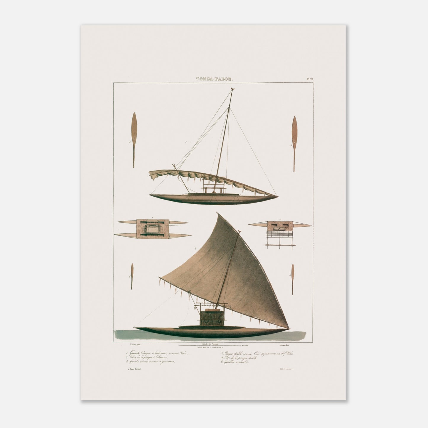 Planche de pirogues Calié et Vaca de Tonga Tabou, expédition Astrolabe (42x59,4 cm (A2)). Gravure représentant une pirogue double traditionnelle de Tonga Tabou, avec son système de balancier et ses gouvernails.