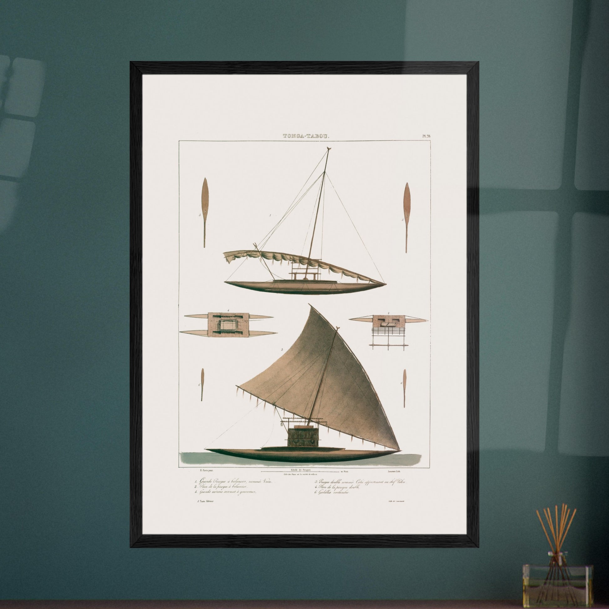 Planche de pirogues Calié et Vaca de Tonga Tabou, expédition Astrolabe. Gravure représentant une pirogue double traditionnelle de Tonga Tabou, avec son système de balancier et ses gouvernails. Image d'illustration 5