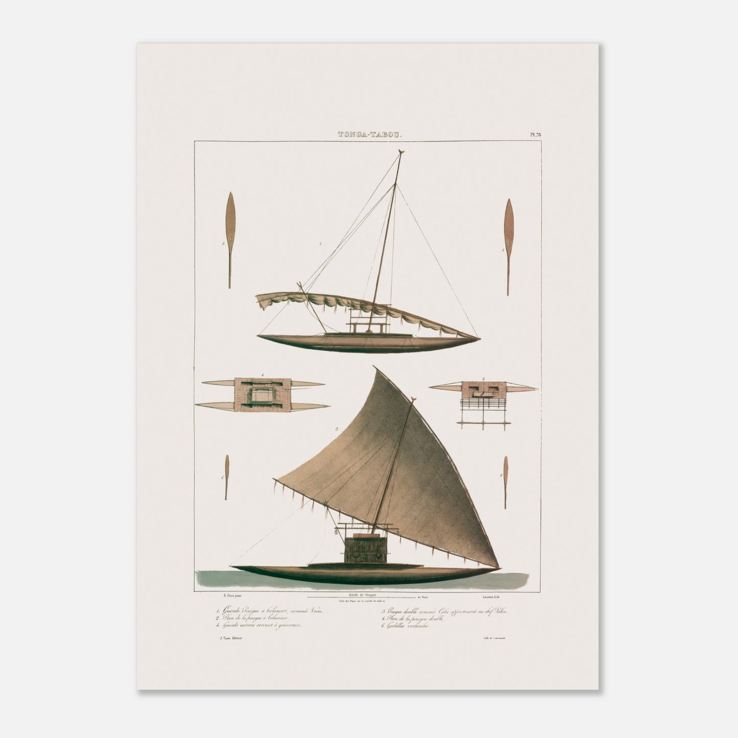 Planche de pirogues Calié et Vaca de Tonga Tabou, expédition Astrolabe (50x70 cm). Gravure représentant une pirogue double traditionnelle de Tonga Tabou, avec son système de balancier et ses gouvernails.