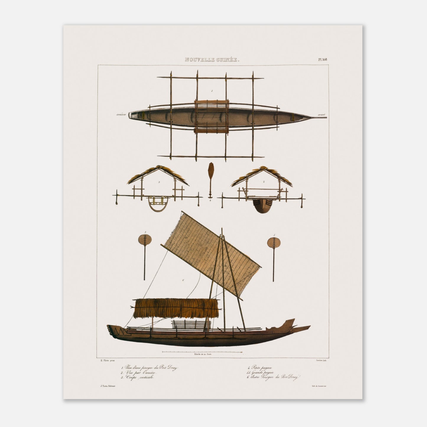 Planche navale des pirogues du Port Dorey, Nouvelle-Guinée (40x50 cm). Gravure ancienne représentant des pirogues du Port Dorey en Nouvelle-Guinée, avec des vues en plan, de profil et une coupe, extraite de la collection navale de l'Expédition Astrolabe.