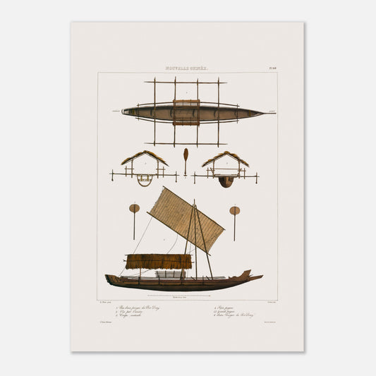 Planche navale des pirogues du Port Dorey, Nouvelle-Guinée (42x59,4 cm (A2)). Gravure ancienne représentant des pirogues du Port Dorey en Nouvelle-Guinée, avec des vues en plan, de profil et une coupe, extraite de la collection navale de l'Expédition Astrolabe.