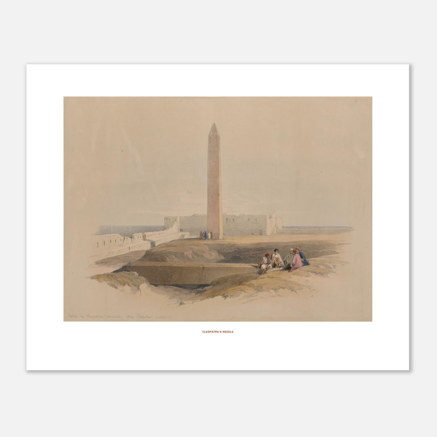 Illustration ancienne : L'Aiguille de Cléopâtre à Alexandrie, David Roberts (40x50 cm). Lithographie de David Roberts représentant l'aiguille de Cléopâtre à Alexandrie, avec des ruines antiques et des figures assises au premier plan.