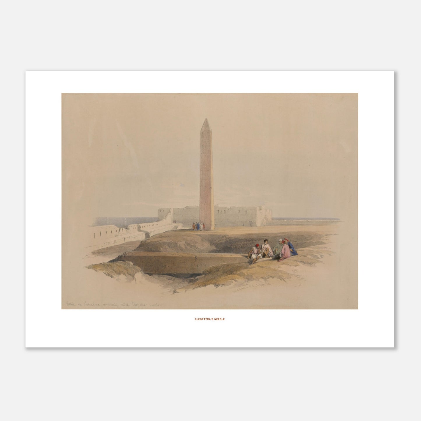 Illustration ancienne : L'Aiguille de Cléopâtre à Alexandrie, David Roberts (45x60 cm). Lithographie de David Roberts représentant l'aiguille de Cléopâtre à Alexandrie, avec des ruines antiques et des figures assises au premier plan.