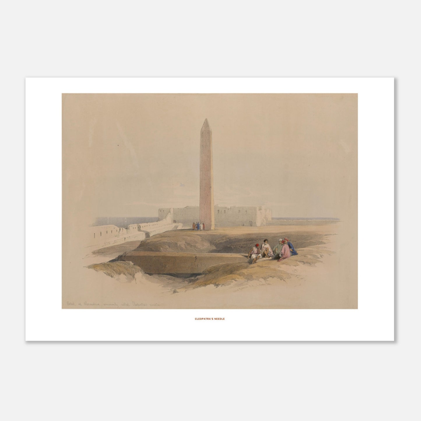 Illustration ancienne : L'Aiguille de Cléopâtre à Alexandrie, David Roberts (50x70 cm). Lithographie de David Roberts représentant l'aiguille de Cléopâtre à Alexandrie, avec des ruines antiques et des figures assises au premier plan.