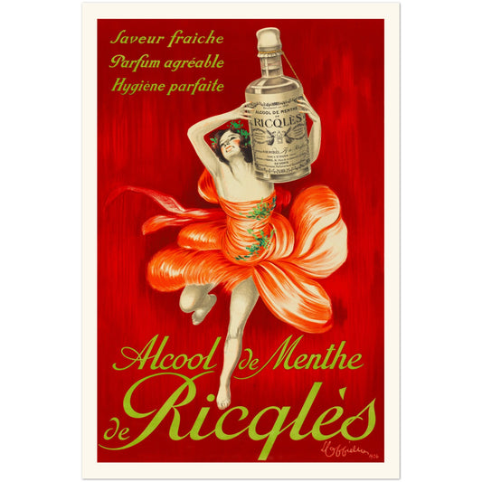 Alcool de Menthe Ricqlès – Affiche publicitaire par Cappiello (40x60 cm). Affiche publicitaire ancienne pour l'Alcool de Menthe Ricqlès, montrant une femme dans une robe aux pétales de fleurs tenant une bouteille.