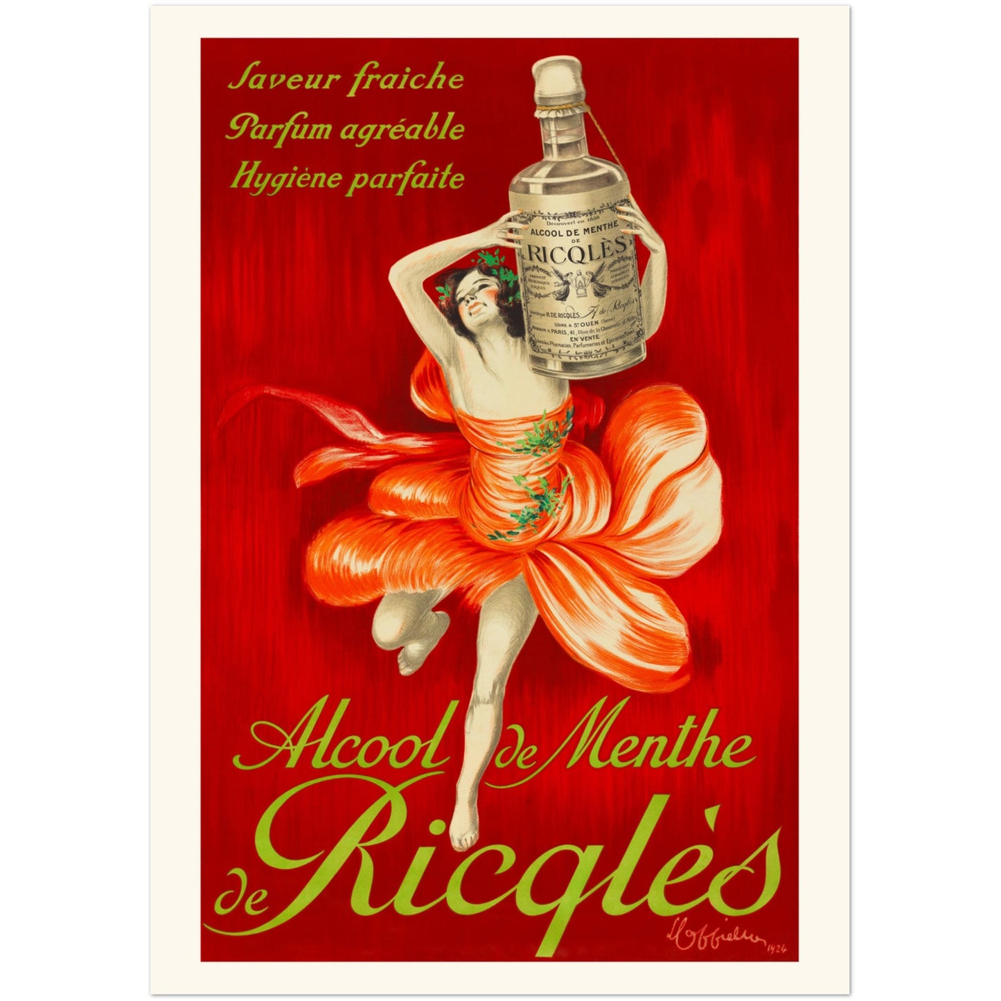 Alcool de Menthe Ricqlès – Affiche publicitaire par Cappiello (42x59,4 cm (A2)). Affiche publicitaire ancienne pour l'Alcool de Menthe Ricqlès, montrant une femme dans une robe aux pétales de fleurs tenant une bouteille.