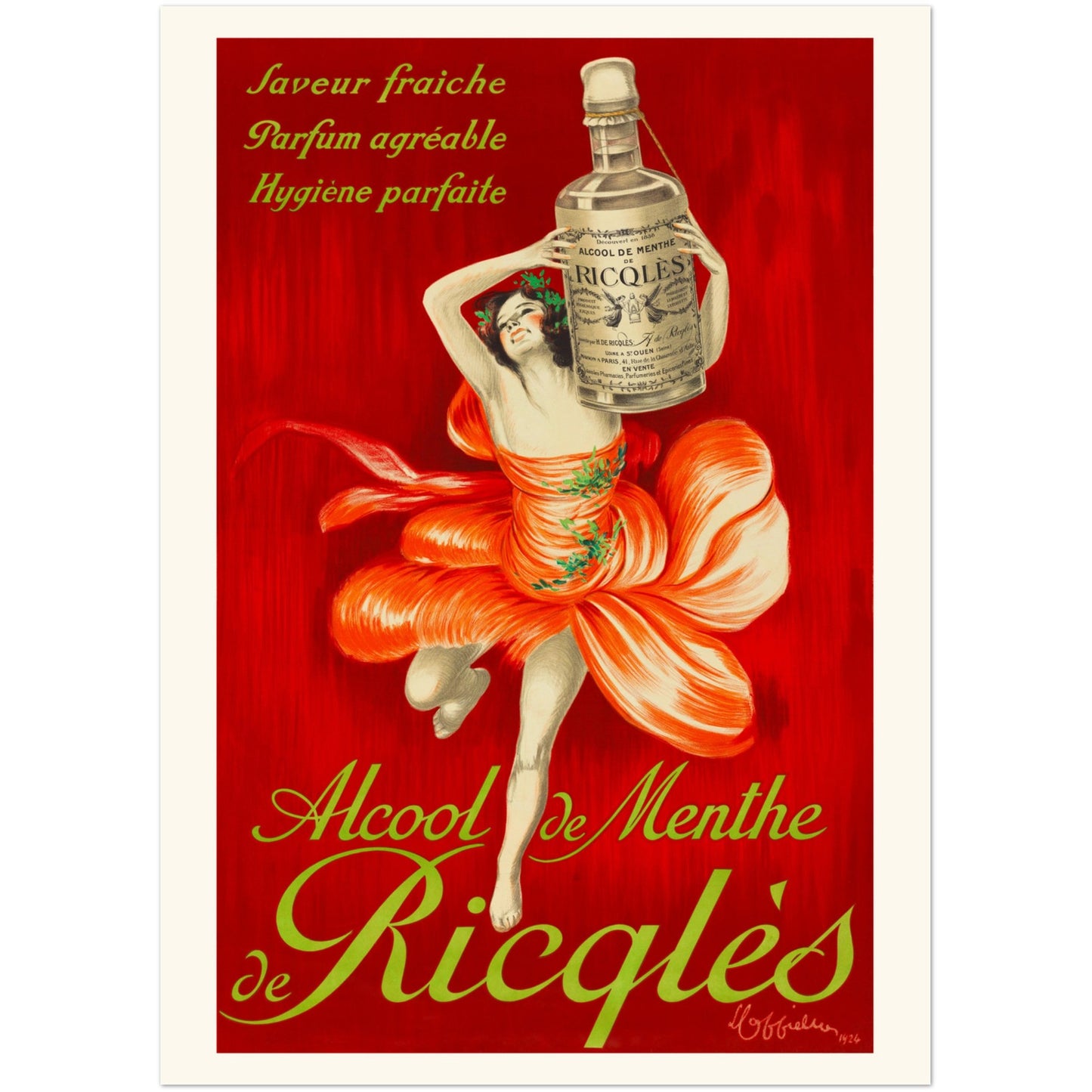 Alcool de Menthe Ricqlès – Affiche publicitaire par Cappiello (50x70 cm). Affiche publicitaire ancienne pour l'Alcool de Menthe Ricqlès, montrant une femme dans une robe aux pétales de fleurs tenant une bouteille.