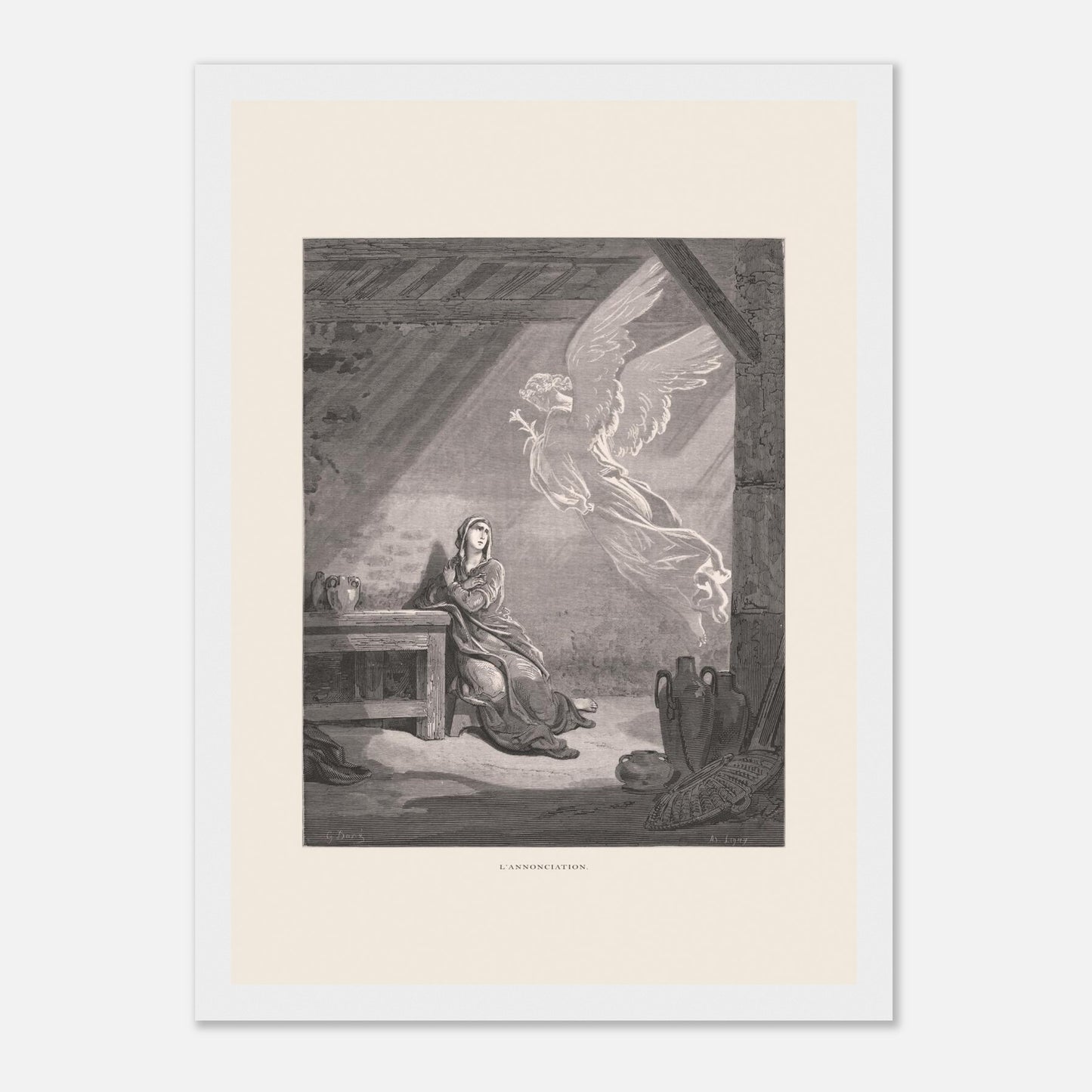 Illustration ancienne L'Annonciation par Gustave Doré (21x29,7 cm (A4) / Cadre blanc). Illustration de Gustave Doré représentant l'Annonciation, avec l'ange Gabriel apparaissant à Marie dans une pièce.