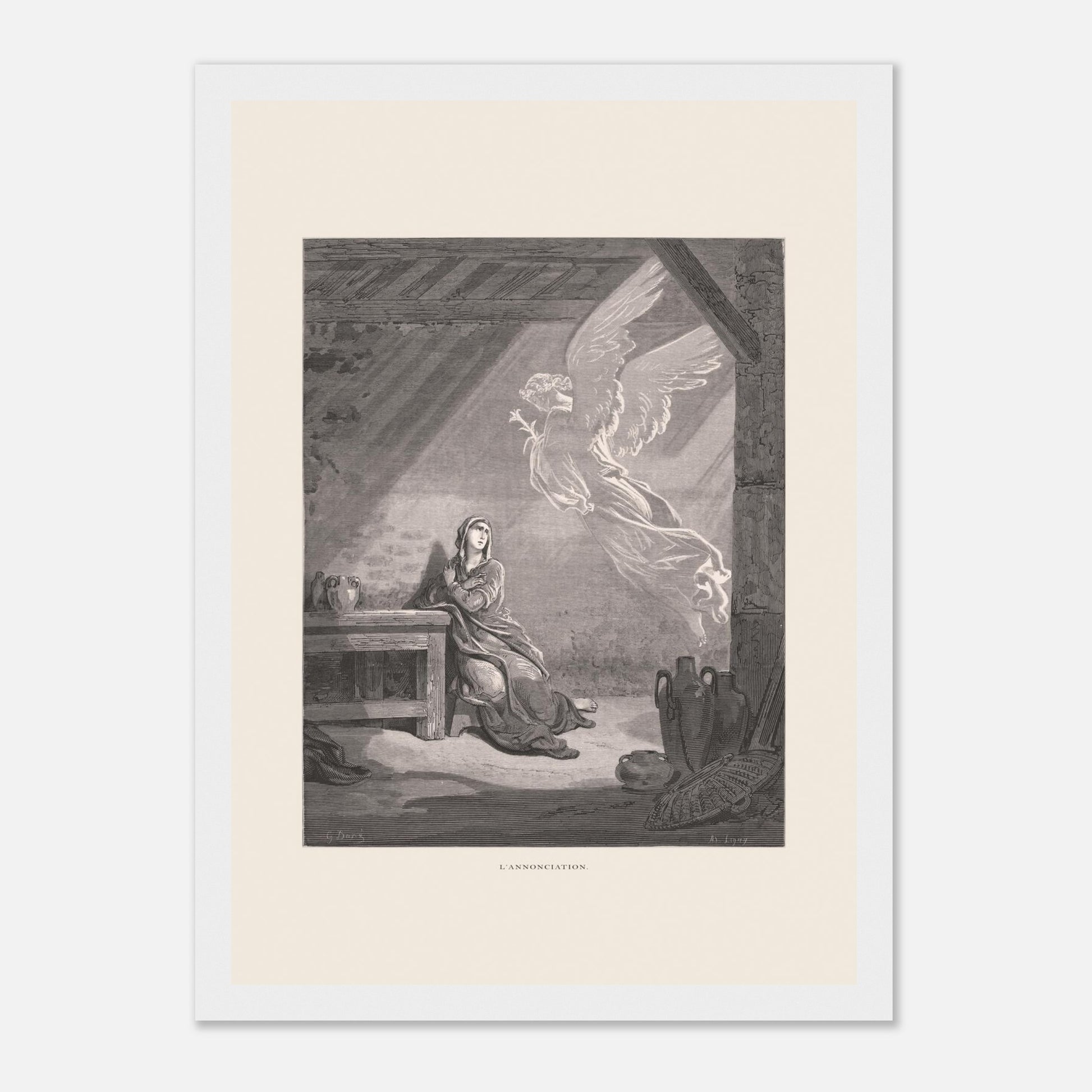 Illustration ancienne L'Annonciation par Gustave Doré (21x29,7 cm (A4) / Cadre blanc). Illustration de Gustave Doré représentant l'Annonciation, avec l'ange Gabriel apparaissant à Marie dans une pièce.
