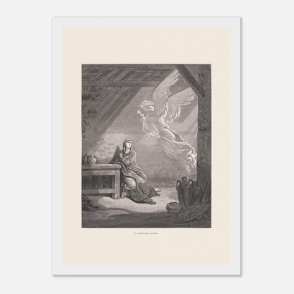 Illustration ancienne L'Annonciation par Gustave Doré (21x29,7 cm (A4) / Cadre blanc). Illustration de Gustave Doré représentant l'Annonciation, avec l'ange Gabriel apparaissant à Marie dans une pièce.