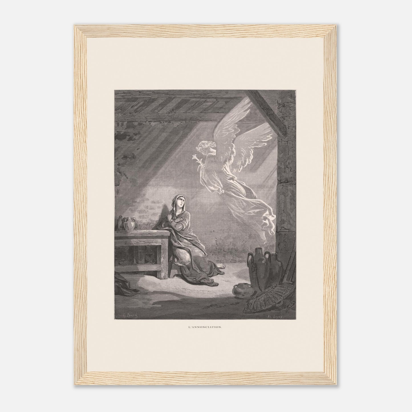 Illustration ancienne L'Annonciation par Gustave Doré (21x29,7 cm (A4) / Cadre bois clair). Illustration de Gustave Doré représentant l'Annonciation, avec l'ange Gabriel apparaissant à Marie dans une pièce.