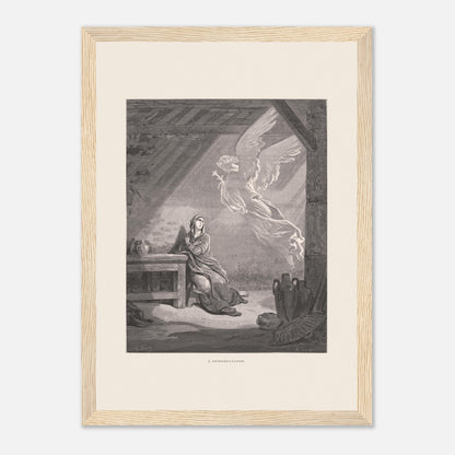 Illustration ancienne L'Annonciation par Gustave Doré (21x29,7 cm (A4) / Cadre bois clair). Illustration de Gustave Doré représentant l'Annonciation, avec l'ange Gabriel apparaissant à Marie dans une pièce.