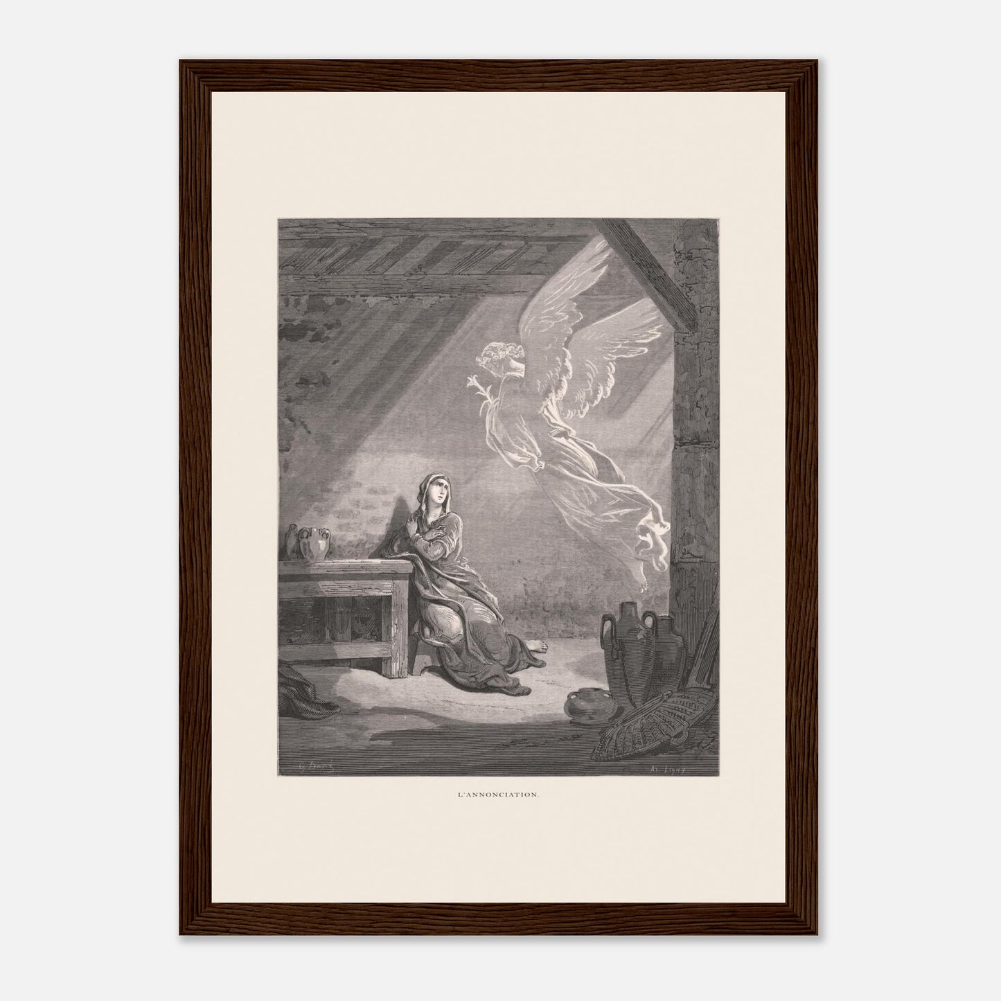 Illustration ancienne L'Annonciation par Gustave Doré (21x29,7 cm (A4) / Cadre bois foncé). Illustration de Gustave Doré représentant l'Annonciation, avec l'ange Gabriel apparaissant à Marie dans une pièce.
