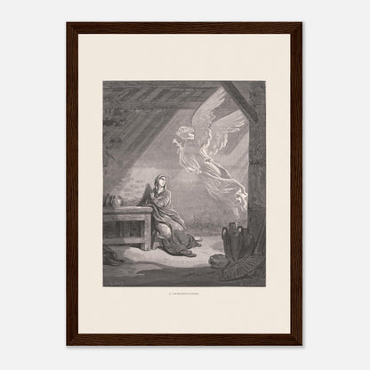 Illustration ancienne L'Annonciation par Gustave Doré (21x29,7 cm (A4) / Cadre bois foncé). Illustration de Gustave Doré représentant l'Annonciation, avec l'ange Gabriel apparaissant à Marie dans une pièce.