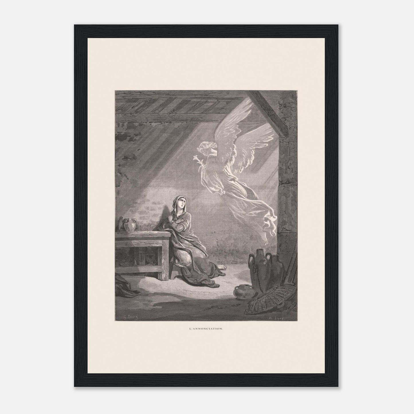 Illustration ancienne L'Annonciation par Gustave Doré (21x29,7 cm (A4) / Cadre noir). Illustration de Gustave Doré représentant l'Annonciation, avec l'ange Gabriel apparaissant à Marie dans une pièce.