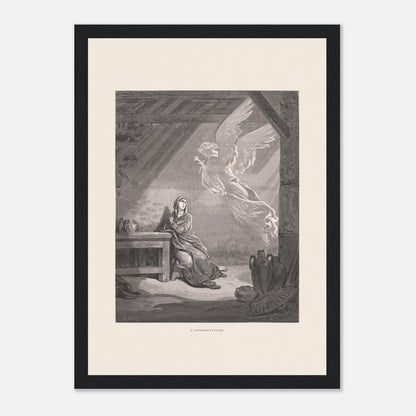 Illustration ancienne L'Annonciation par Gustave Doré (21x29,7 cm (A4) / Cadre noir). Illustration de Gustave Doré représentant l'Annonciation, avec l'ange Gabriel apparaissant à Marie dans une pièce.