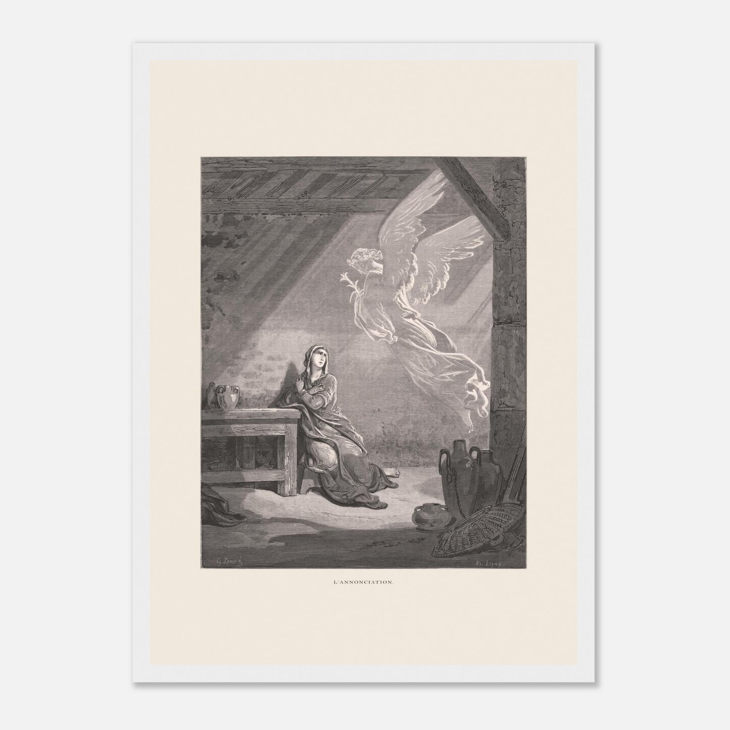 Illustration ancienne L'Annonciation par Gustave Doré (29,7x42 cm (A3) / Cadre blanc). Illustration de Gustave Doré représentant l'Annonciation, avec l'ange Gabriel apparaissant à Marie dans une pièce.