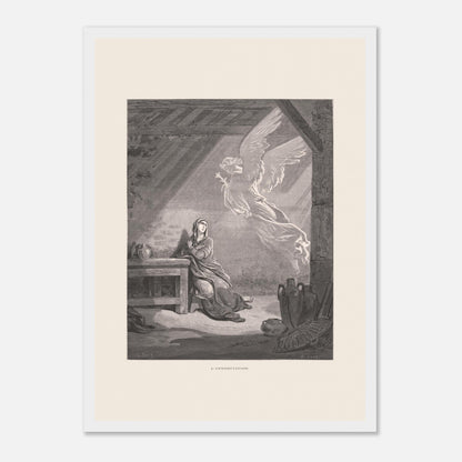 Illustration ancienne L'Annonciation par Gustave Doré (29,7x42 cm (A3) / Cadre blanc). Illustration de Gustave Doré représentant l'Annonciation, avec l'ange Gabriel apparaissant à Marie dans une pièce.