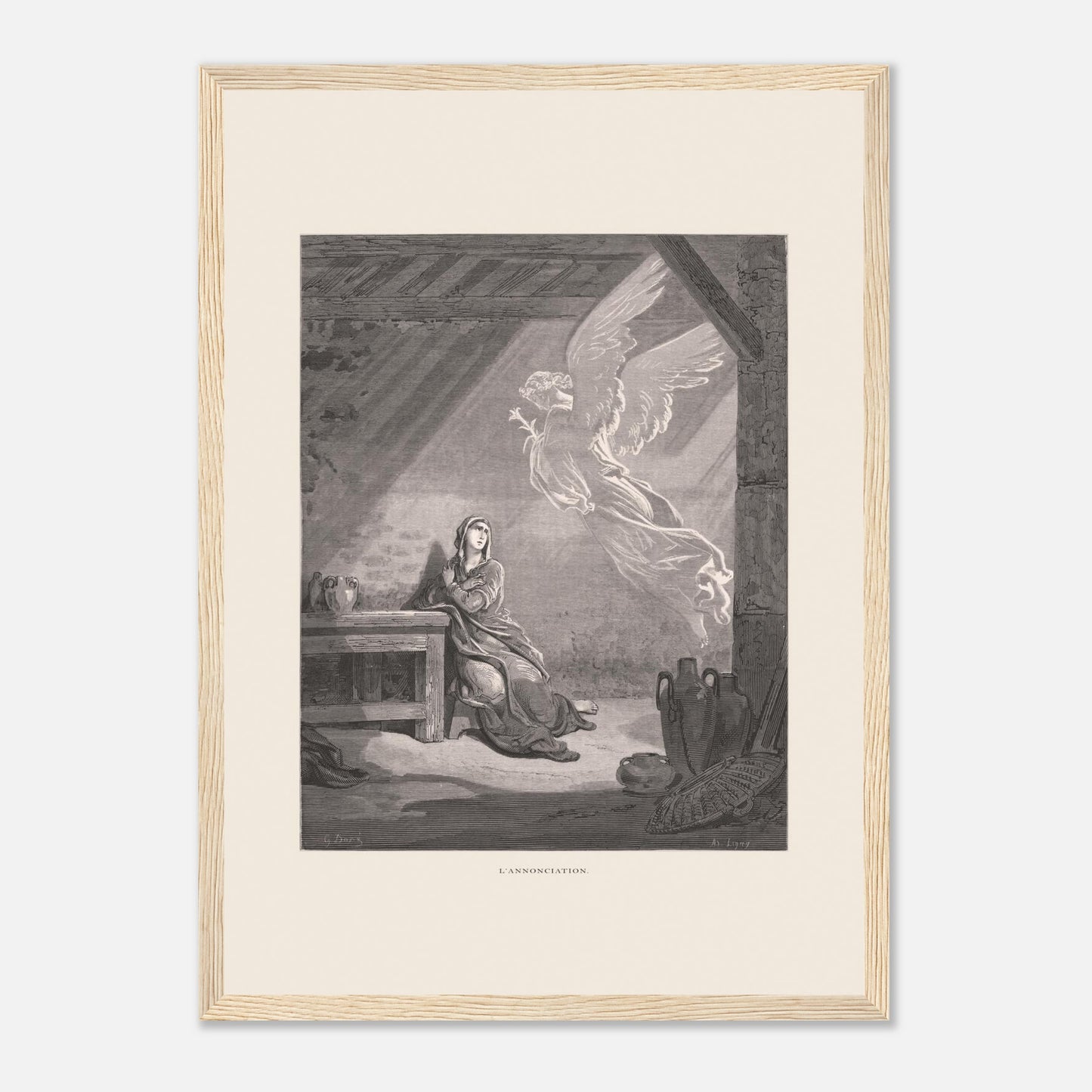 Illustration ancienne L'Annonciation par Gustave Doré (29,7x42 cm (A3) / Cadre bois clair). Illustration de Gustave Doré représentant l'Annonciation, avec l'ange Gabriel apparaissant à Marie dans une pièce.