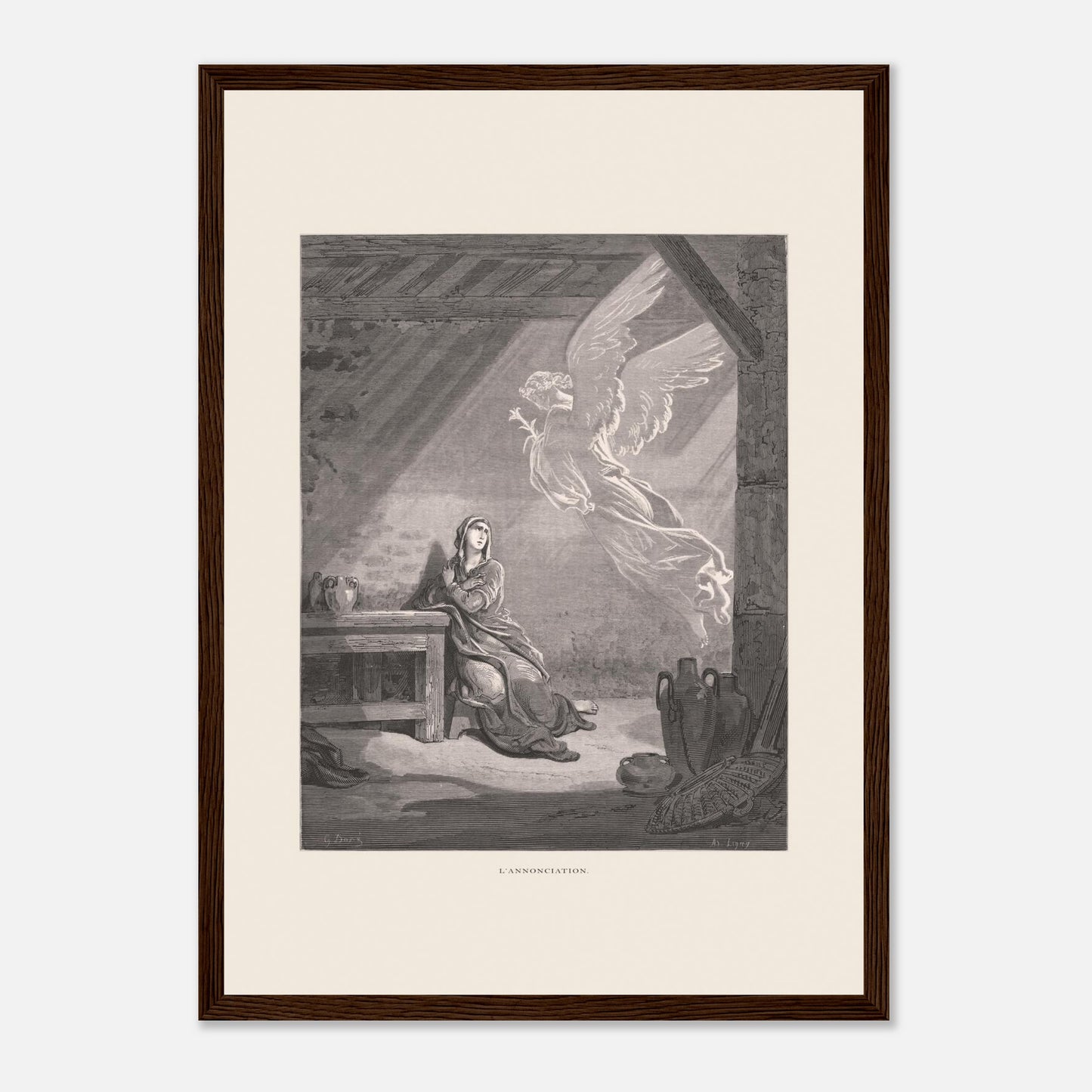 Illustration ancienne L'Annonciation par Gustave Doré (29,7x42 cm (A3) / Cadre bois foncé). Illustration de Gustave Doré représentant l'Annonciation, avec l'ange Gabriel apparaissant à Marie dans une pièce.