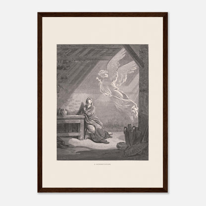 Illustration ancienne L'Annonciation par Gustave Doré (29,7x42 cm (A3) / Cadre bois foncé). Illustration de Gustave Doré représentant l'Annonciation, avec l'ange Gabriel apparaissant à Marie dans une pièce.
